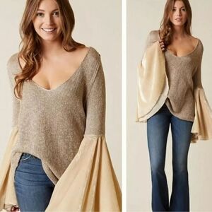 Free People Celestial Tan Metallic Sweater With Velvet Bell Sleeves